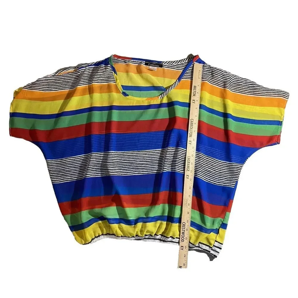 Pink Collection Size XL Cropped Top‎ Bright Stripes Sheer Cold Shoulder Flaw - Picture 7 of 9